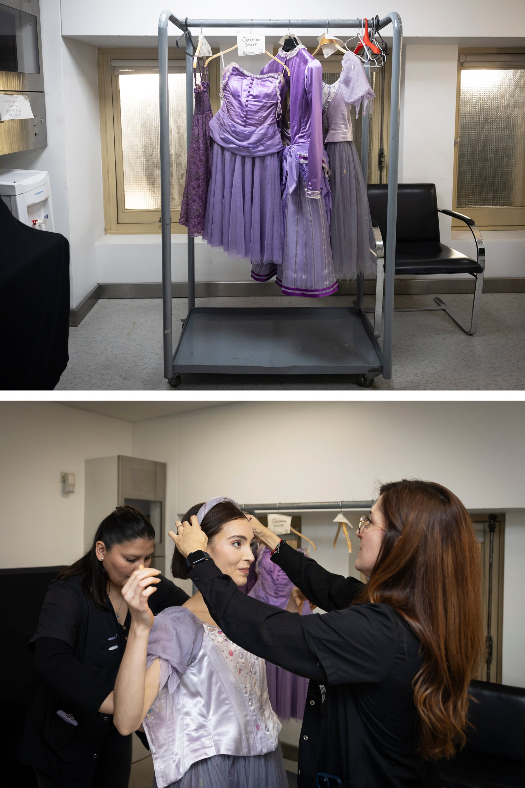 La misma paleta para los cuatro trajes que usa Alicia (prólogo, primer acto, segundo y epílogo); abajo, peluquería y vestuario aprontan a la protagonista