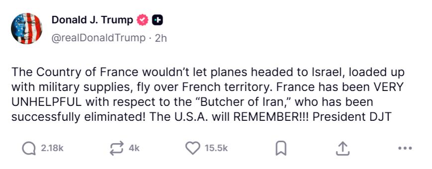 Captura de pantalla de la publicación de Trump. Fuente: X