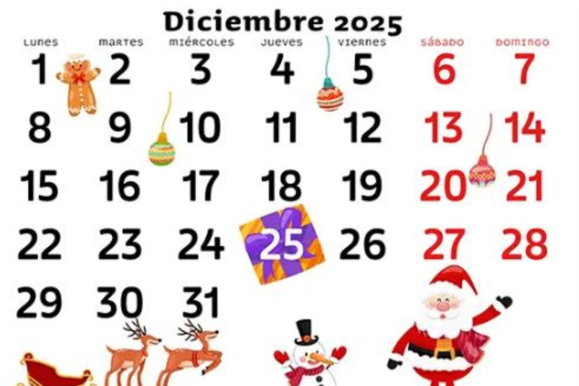 Opciones para imprimir el calendario de diciembre