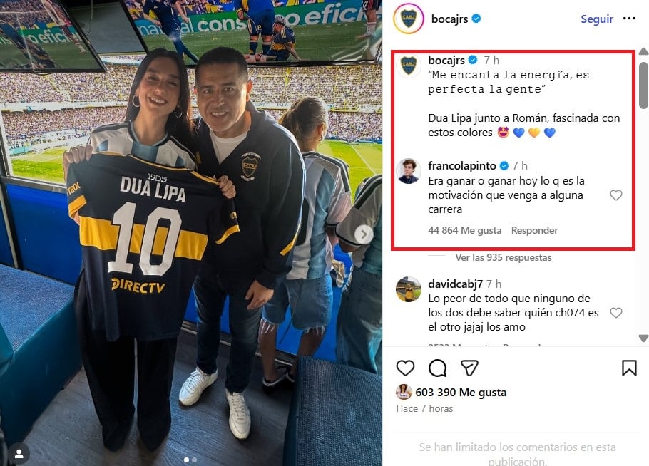 Boca hizo referencia a la estadía de Dua Lipa y Colapinto no perdió la oportunidad de invitarla a una carrera