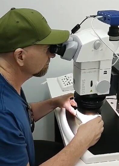 El doctor Leandro Martínez analizando la flor hallada en el partido de San Pedro