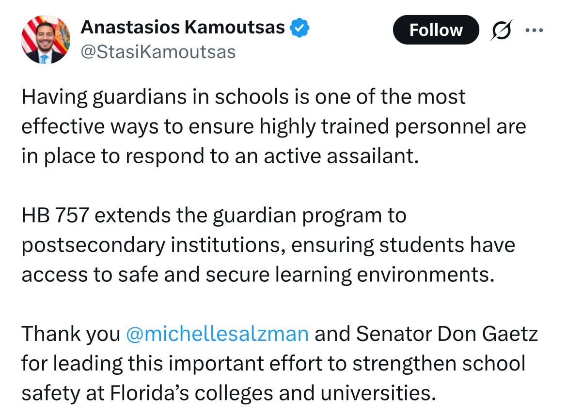 El jefe de Seguridad Escolar de Florida, Anastasios Kamoutsas, defendió en sus redes sociales el proyecto de ley HB 757