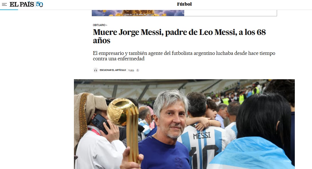 Así informó El País de España la muerte de Jorge Messi (Foto: Captura)
