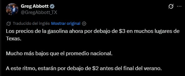 En la red social X, Abbott se mostró optimista con que bajen los precios de la gasolina
