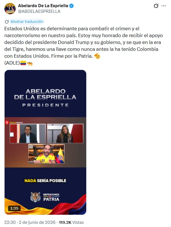 Abelardo de la Espriella le agradeció a Donald Trump por su apoyo de cara a las elecciones generales