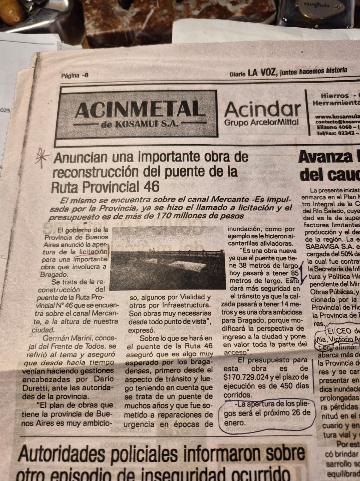El anuncio de la reconstrucción del puente de la ruta 46 entre Bragado y Junín