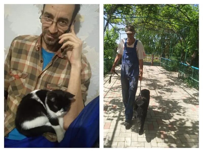 Serguéi y sus mascotas en su casa de Novolyubymivka
