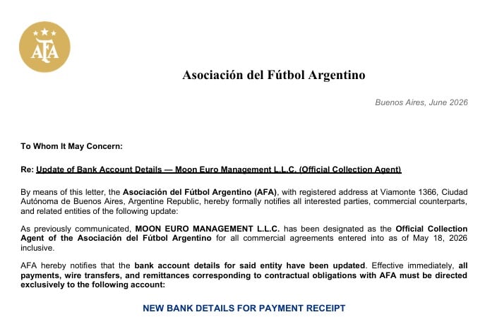 Documento con el que la AFA comunicó que Moon Euro Management se convertía en su agente oficial de cobro