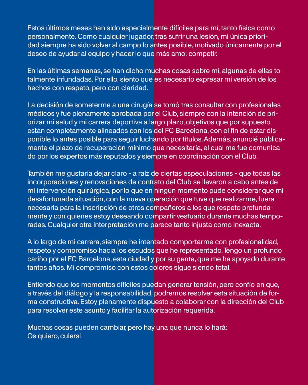 El comunicado del arquero alemán Marc André Ter Stegen