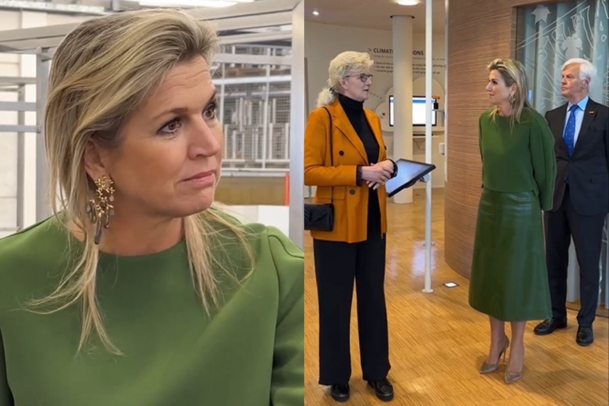 La monarca complementó el outfit con unos aros colgantes en negro y dorado (Foto: Captura de video / Instagram @eo_blauwbloed)