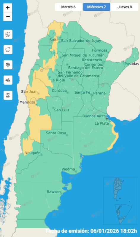 Las provincias bajo alerta amarilla por tormentas para este miércoles 7 de enero