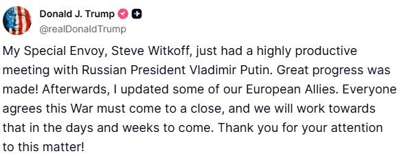 Donald Trump se jactó en Truth Social sobre el gran avance de el enviado especial Steve Witkoff