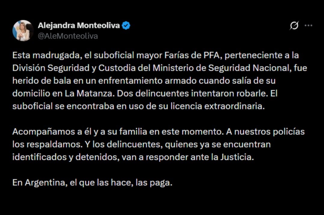 La ministra de Seguridad, Alejandra Monteoliva, habló sobre el intento de robo que sufrió uno de sus custodios en La Matanza