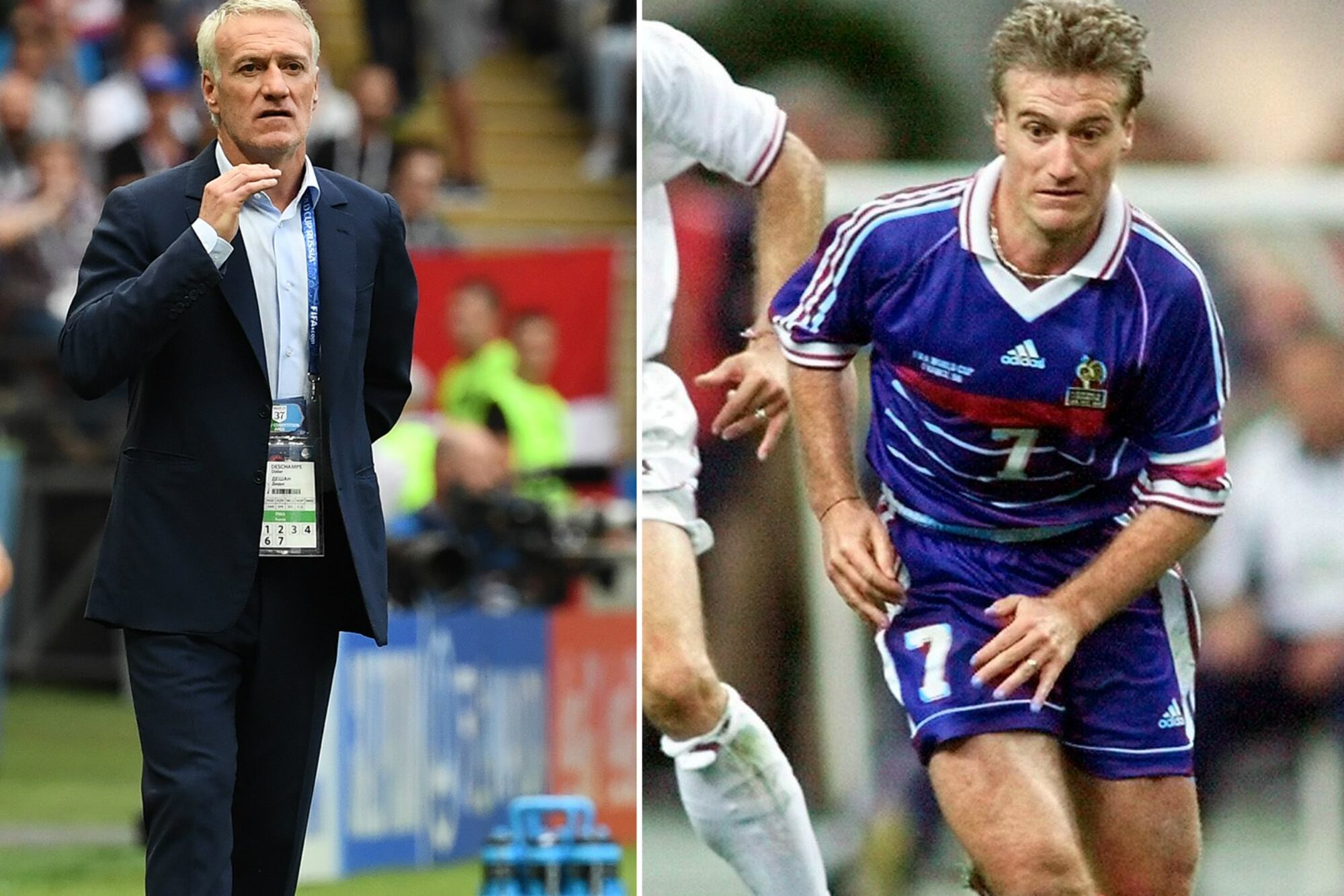 Didier Deschamps en 2018 como DT de Francia, y en 1998, como jugador.