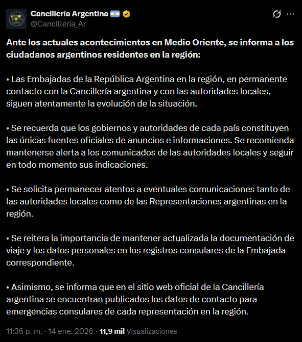 El comunicado de Cancillería, sobre los acontecimientos en Medio Oriente