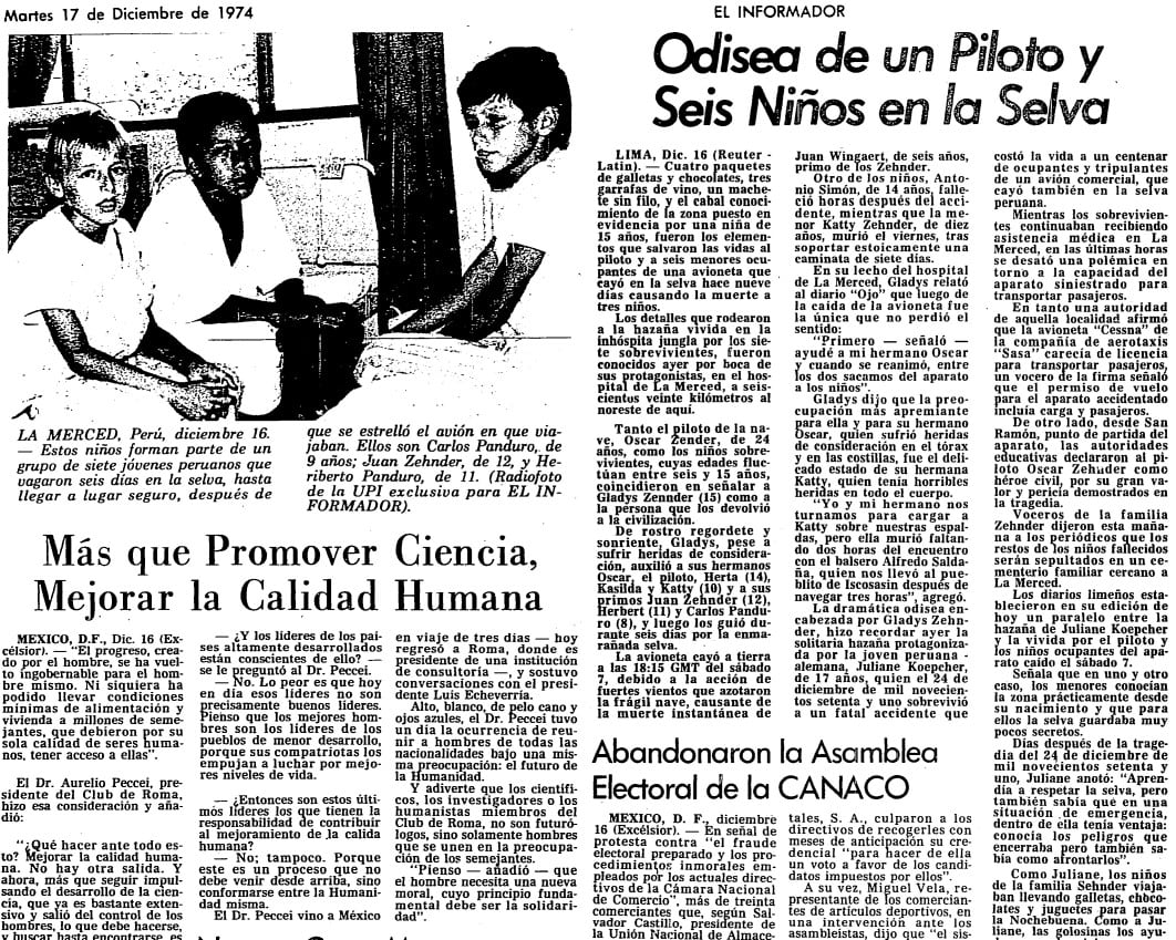El diario mexicano El Informador publicó en 1974 la noticia de Reuters sobre el accidente de avión de los Zehnder