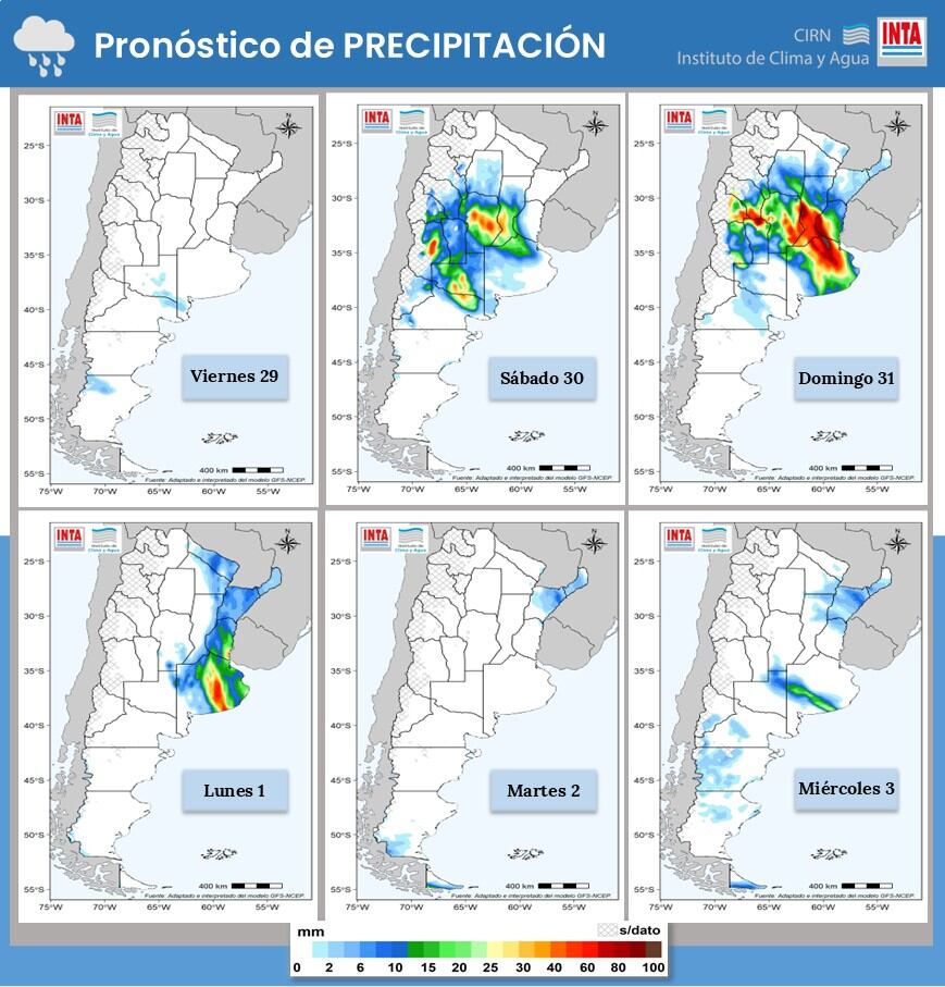La previsión de lluvias hasta el 3 del mes próximo