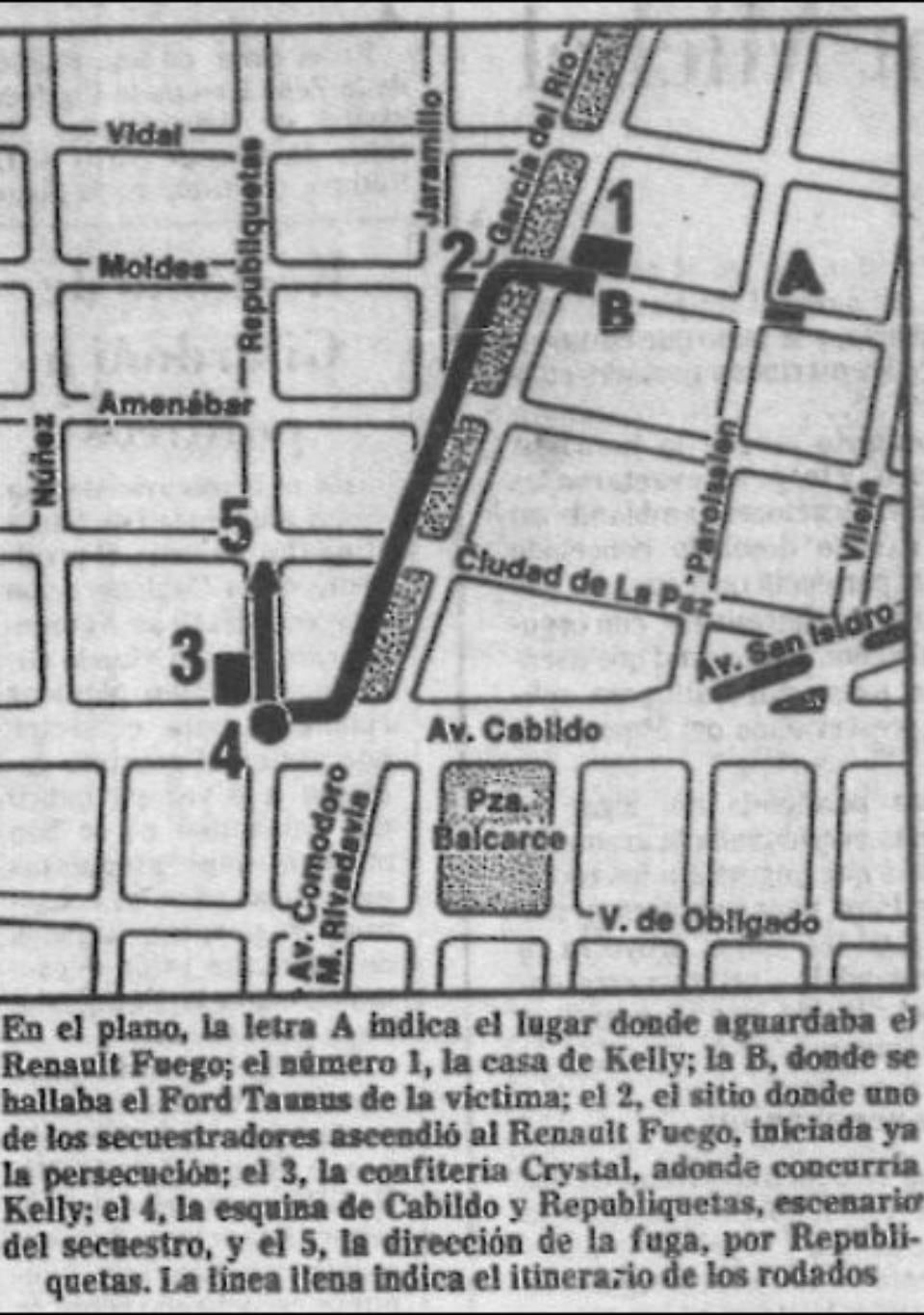 El plano del recorrido de Guillermo Patricio Kelly desde su casa hasta el lugar del secuestro