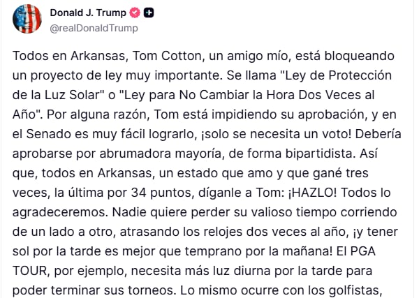 Donald Trump publicó el 3 de octubre en Truth Social un número telefónico de Tom Cotton