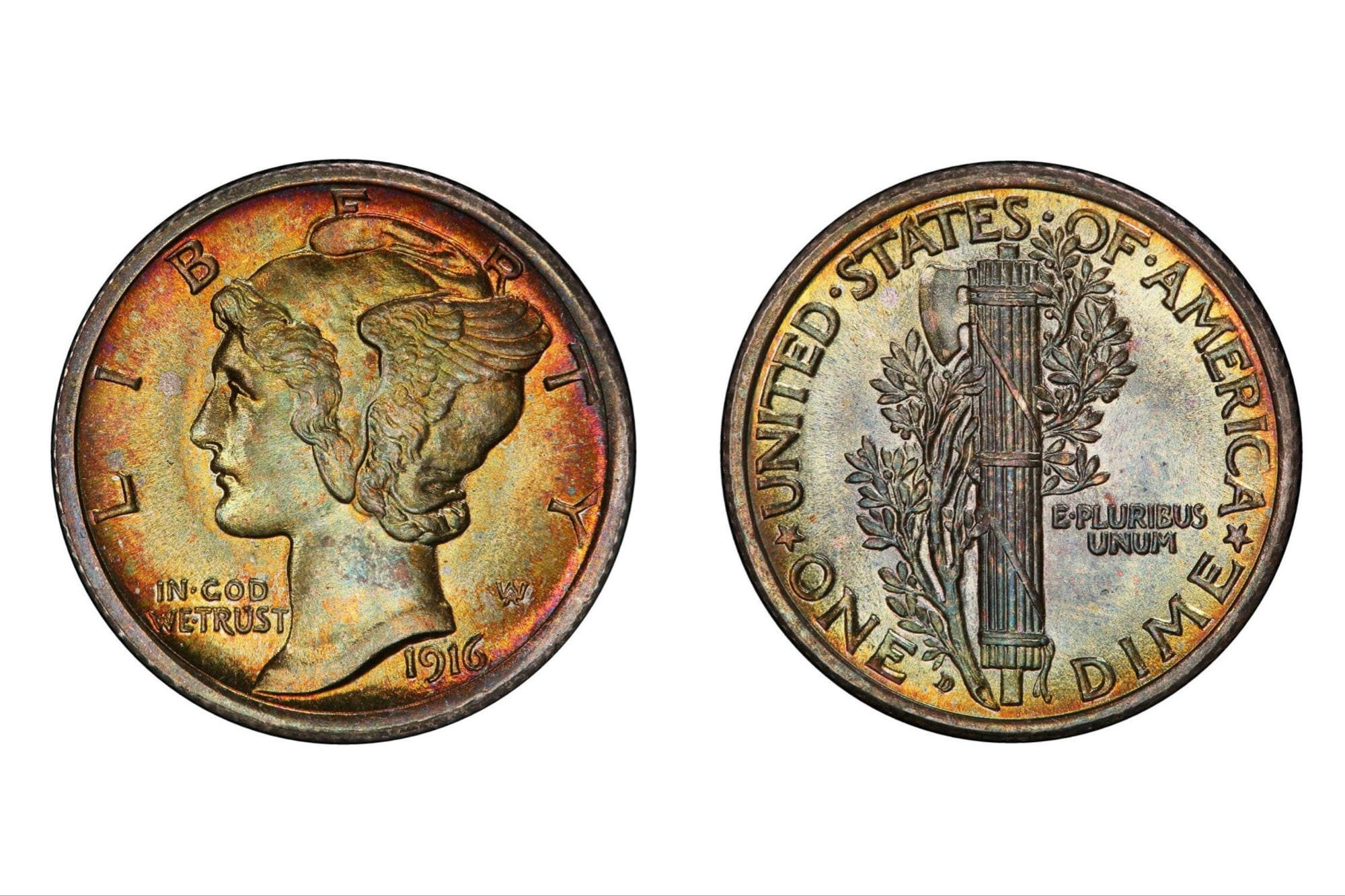 Las Mercury Dime presentan la figura de la Libertad con alas en el gorro y la antorcha con ramas de olivo en la parte trasera