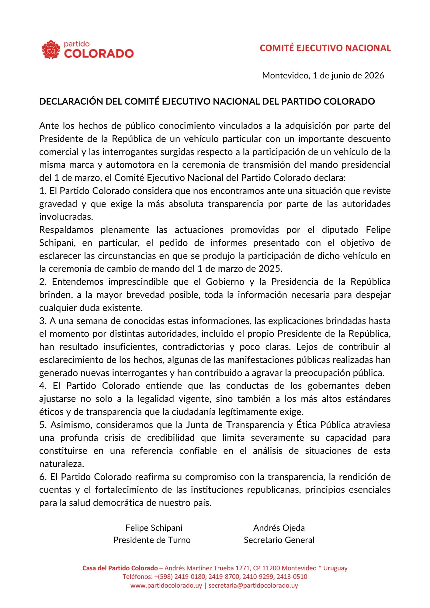 El comunicado que emitió el Partido Colorado