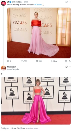 Jessie Buckley utilizó un llamativo vestido que muchos asociaron con un look que usó Taylor Swift