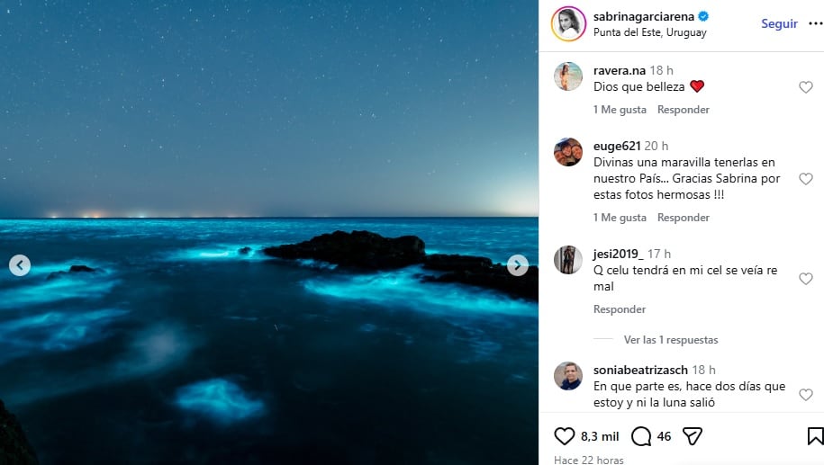 Sabrina Garciarena mostró el fenómeno fosforescente de las noctilucas en Punta del Este y dejó a todos sin palabras 7 La reacción de los usuarios ante las fotos de Garciarena