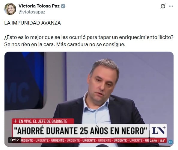 El mensaje de Victoria Tolosa Paz tras la entrevista a Adorni en LN+