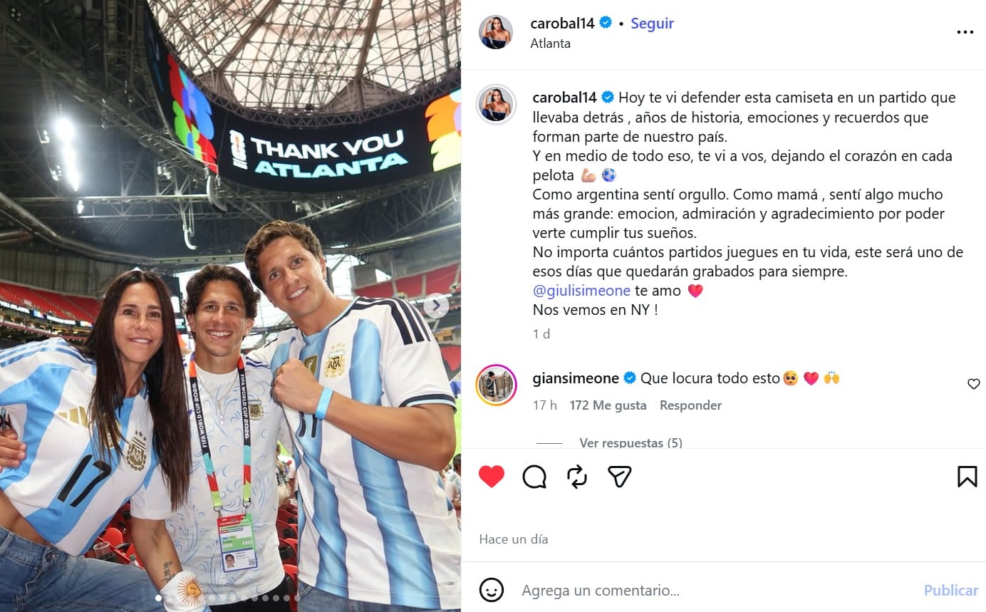 Carolina Baldini compartió su emoción tras la clasificación de la Argentina a la final del Mundial (Captura: Instagram @carobal14)