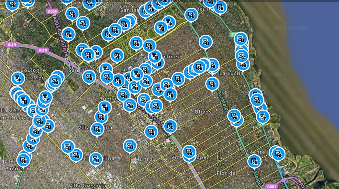 Mapa de Waze donde se visualizan algunos de los radares de zona norte
