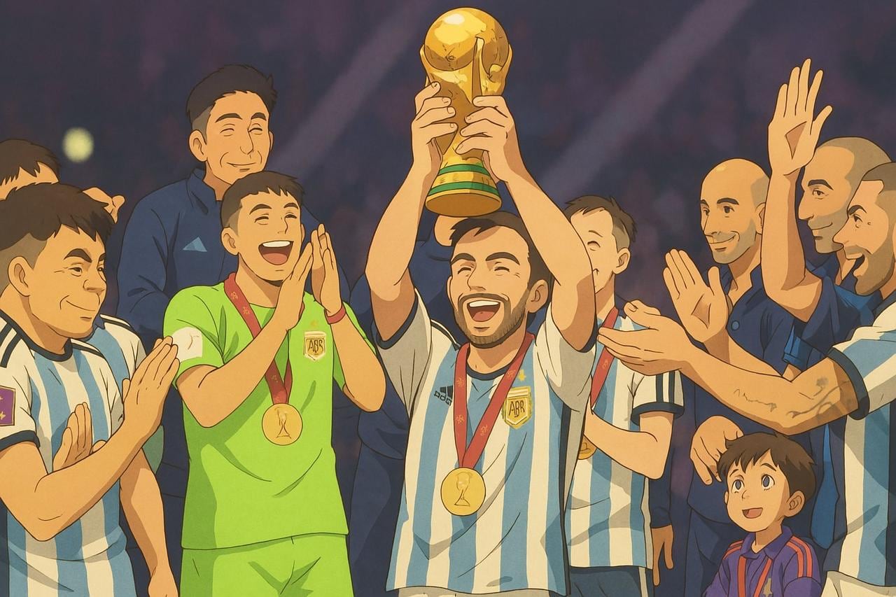 Muchos compartieron en las redes sus creaciones en ChatGPT con el estilo Ghibli, como esta imagen de la Selección Argentina tras ganar la copa del mundo