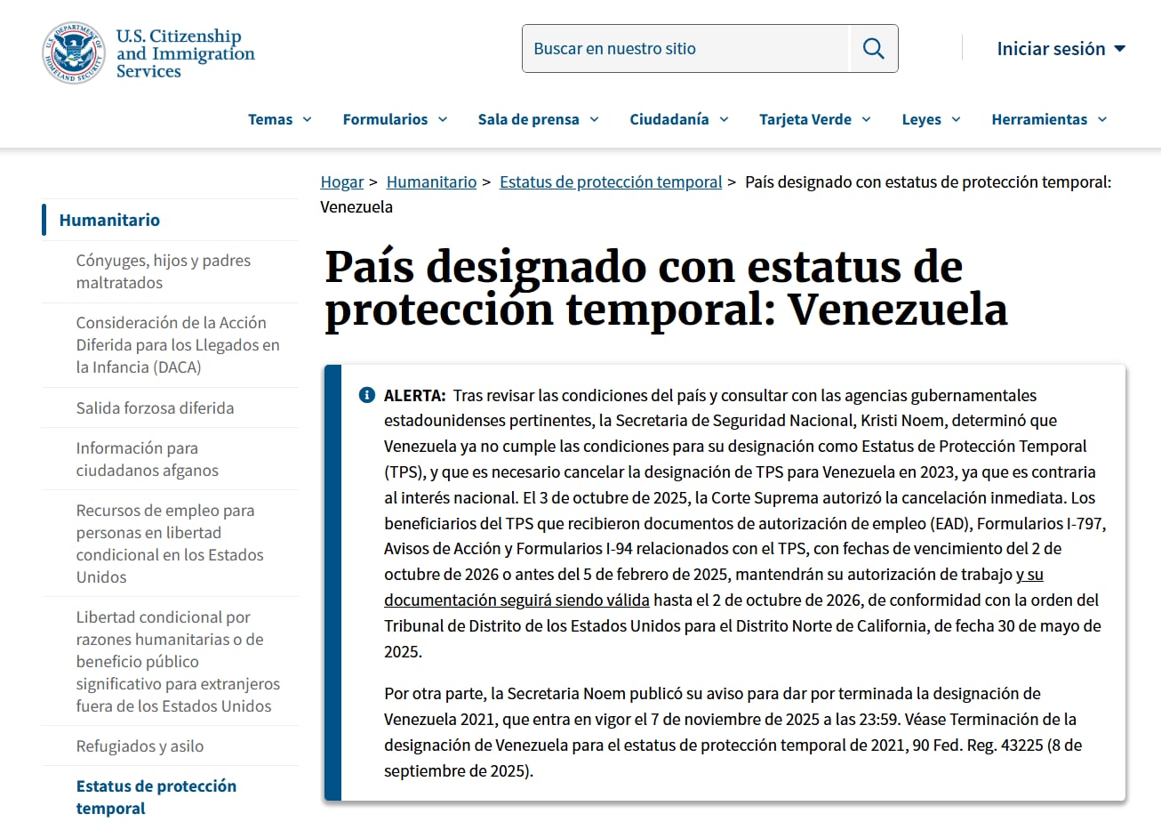 El Servicio de Ciudadanía e Inmigración de Estados Unidos (Uscis, por sus siglas en inglés) mantiene el anuncio que confirma la suspensión del TPS para los venezolanos el 2 de octubre