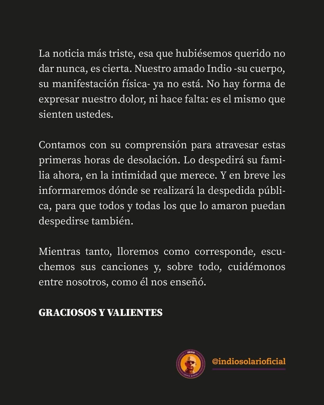 El posteo de la cuenta oficial de Instagram del Indio Solari (Foto: Instagram @indiosolarioficial)