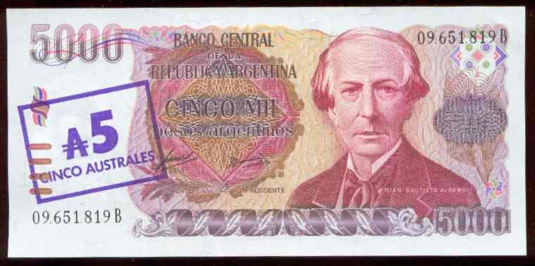 Juan Bautista Alberdi estuvo en el billete de $5000 entre 1984 y 1987 (Fuente: www.monedasbilletes.com)