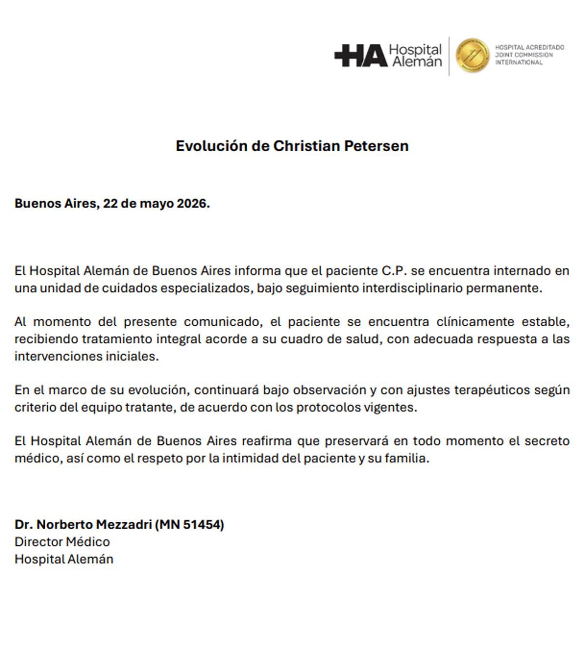 El parte médico de Christian Petersen difundido este viernes por el Hospital Alemán