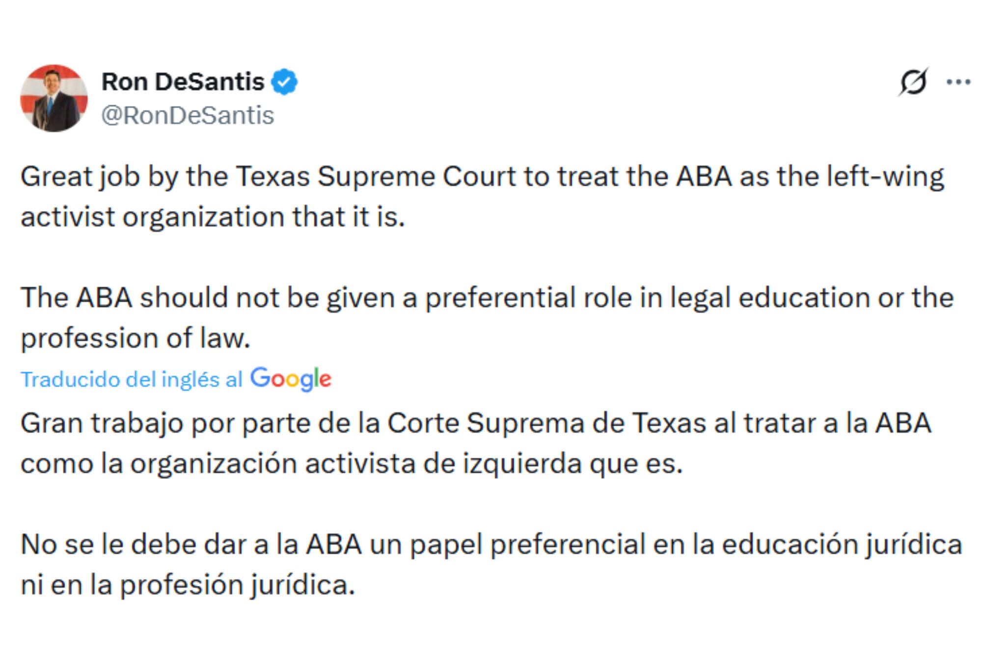 El mensaje de felicitación de Ron DeSantis a Texas por la decisión sobre la ABA