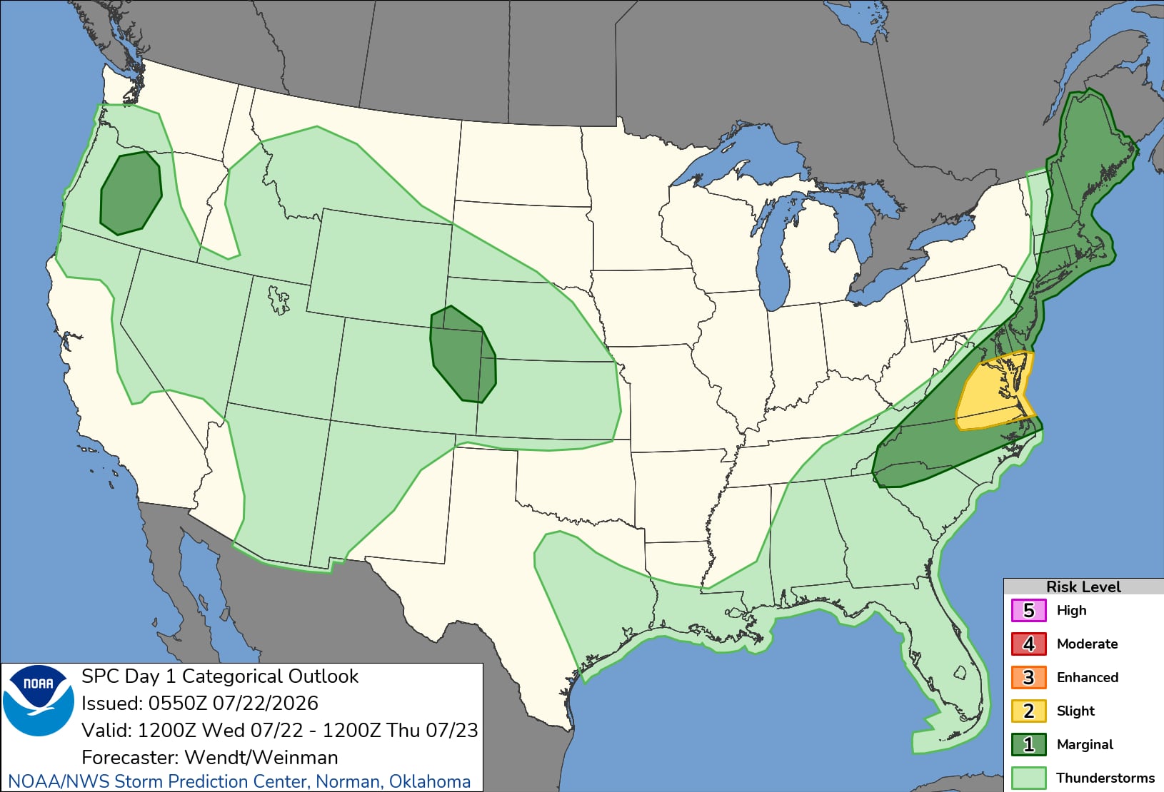 El Centro de Predicción de Tormentas estableció un riesgo leve de fenómenos severos capaces de generar ráfagas dañinas y algún tornado aislado en Virginia, Maryland y zonas de Nueva Inglaterra