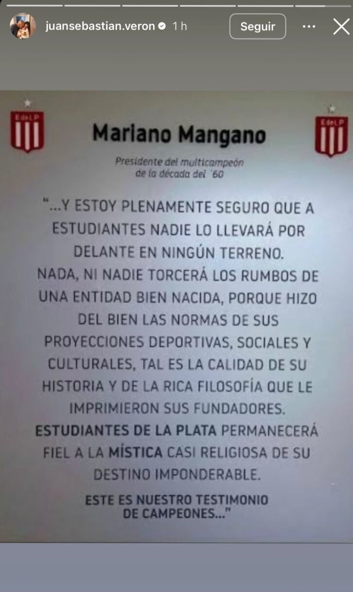 Historia de Instagram subida por Juan Sebastián Verón tras el partido contra Central y el polémica recibimiento de Estudiantes