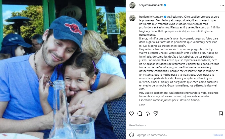 El mensaje que publicó Benjamín Vicuña a 14 años de la muerte de Blanca (Foto: Instagram @benjaminvicuna.ok)