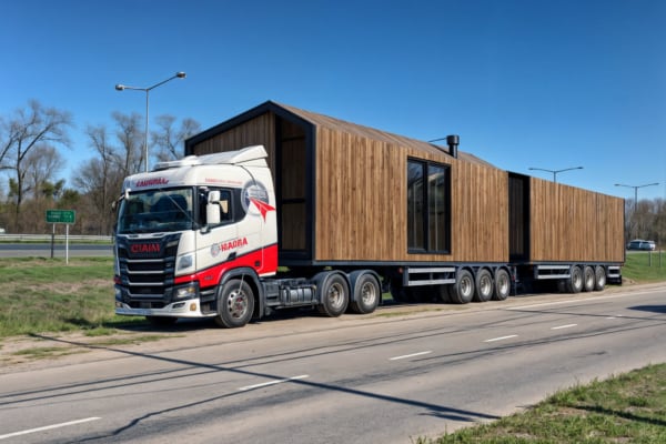 Casa modular terminada y en camino al terreno donde se instalará