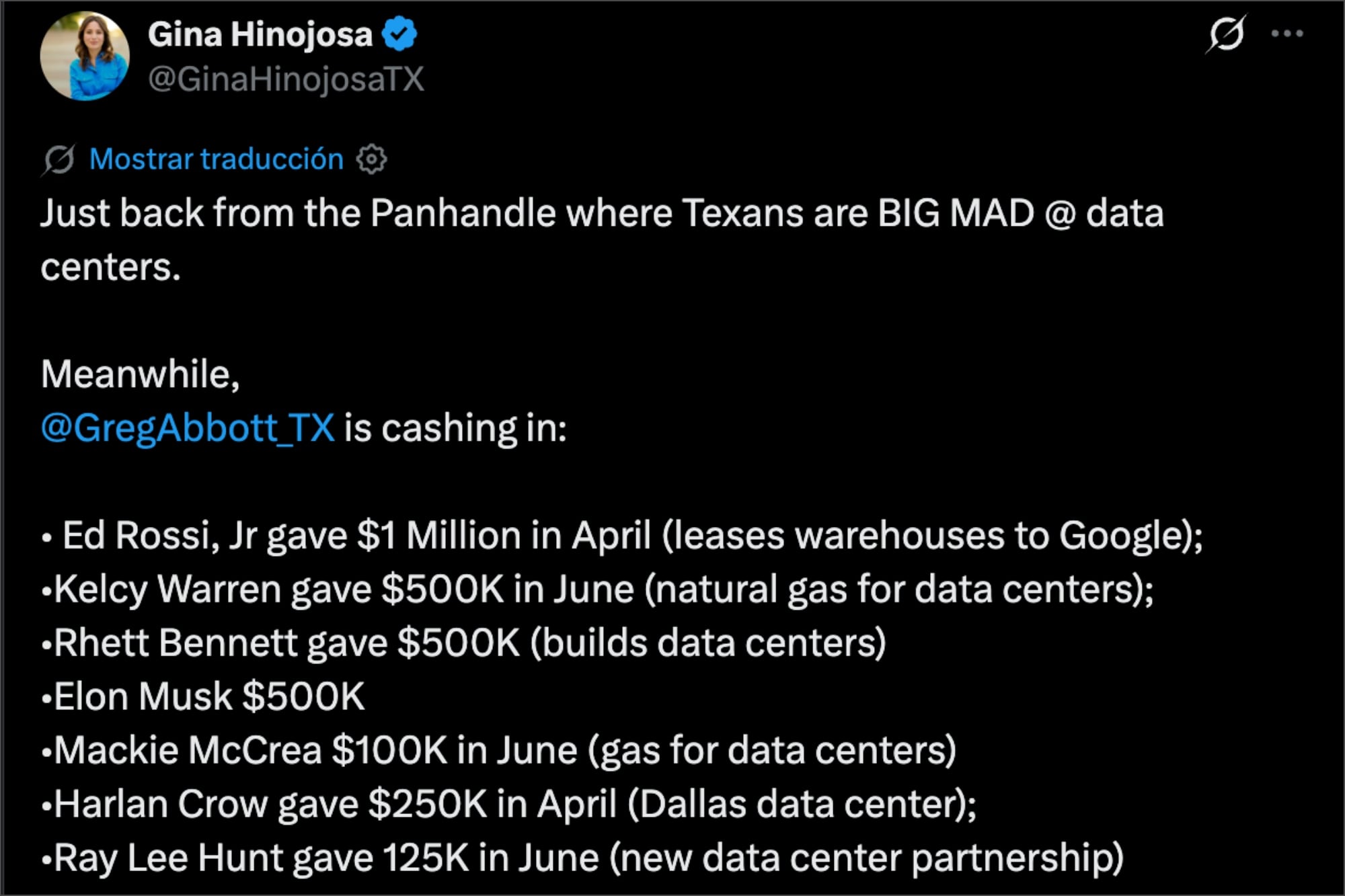 Hinojosa denunció el origen de los fondos de campaña de Greg Abbott, con varios inversionistas en centros de IA como sus principales donantes