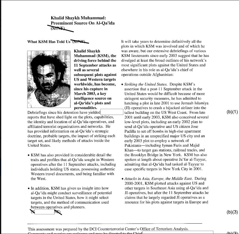 Un documento desclasificado de la CIA muestra la información que les proporcionaba Khalid en los interrogatorios