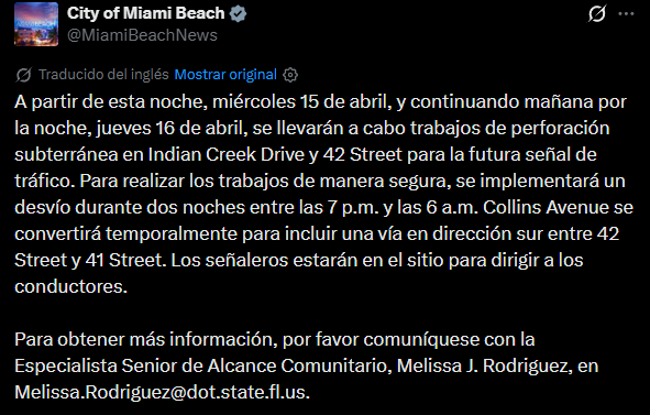 Habrá desvíos vehiculares nocturnos en Miami Beach por los trabajos de perforación