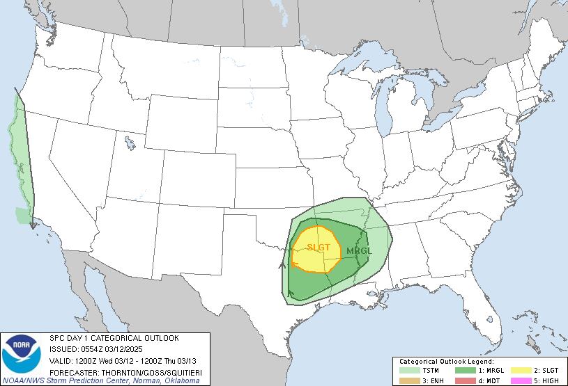 Un sistema de baja presión y el flujo de aire húmedo del Golfo de México favorecerán la formación de tormentas eléctricas intensas en el sur del país norteamericano
