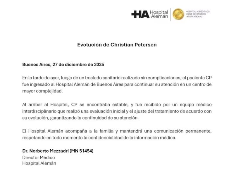 O comunicado oficial divulgado pelo hospital alemão sobre o estado de saúde de Christian Petersen