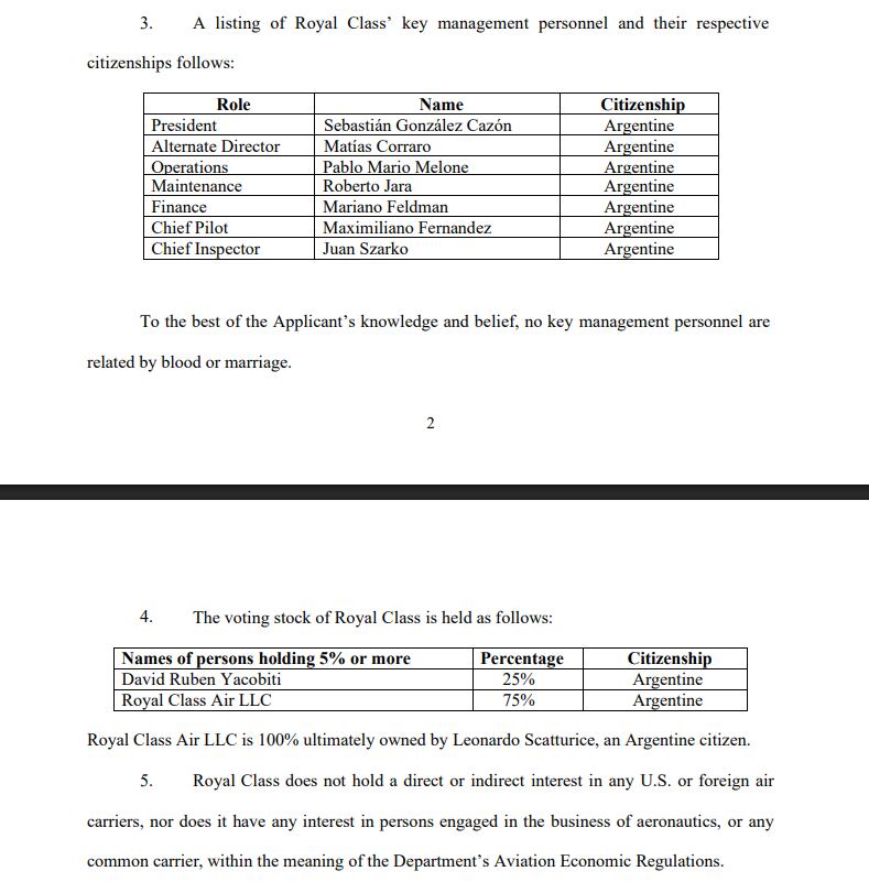 Documento que Royal Class presentó ante el Departamento de Transporte de Estados Unidos y da cuenta de su composición accionaria