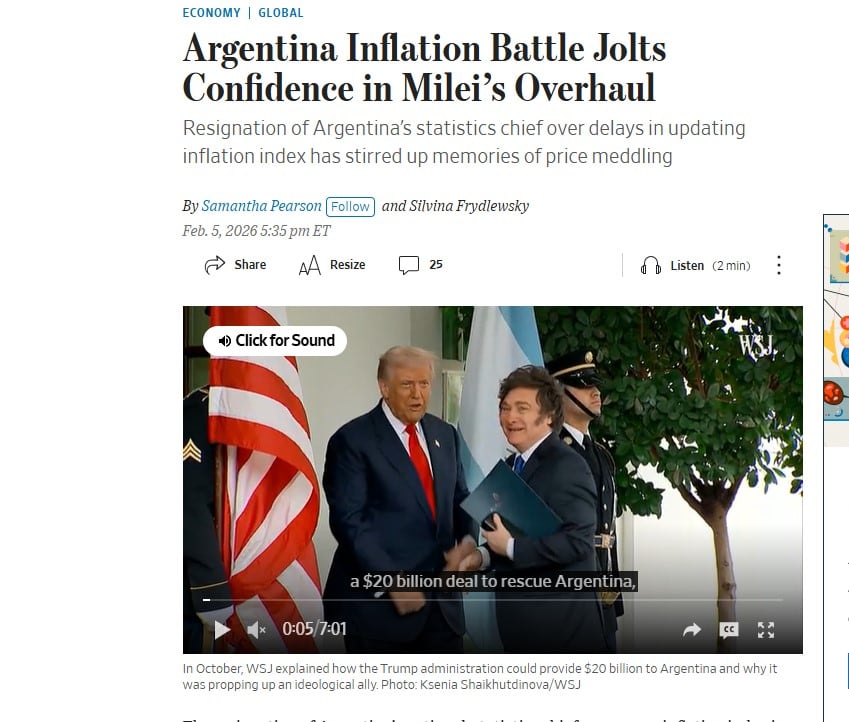 The Wall Street Journal afirma que los cambios en el INDEC “sacuden la confianza” en Milei