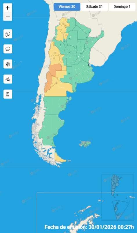 Mapa de alertas por tormentas para este viernes 30 de enero