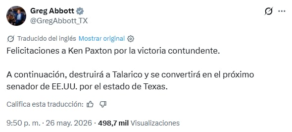 Greg Abbott celebró el triunfo de Ken Paxton en la segunda vuelta de las elecciones primarias republicanas de Texas