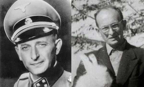 Adolf Eichmann joven. Al lado, un retrato de edad avanzada sosteniendo uno de los conejos de su criadero familiar.